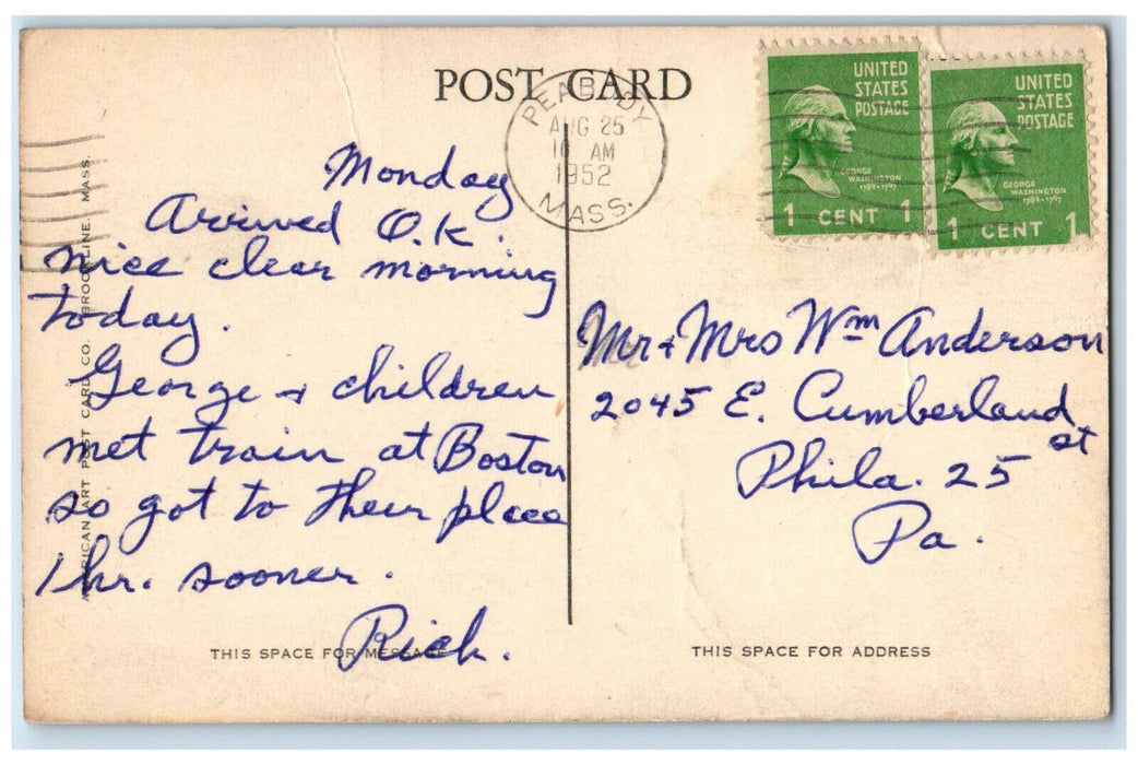 1952 Entrance to Post Office Peabody Massachusetts MA Vintage Posted Postcard