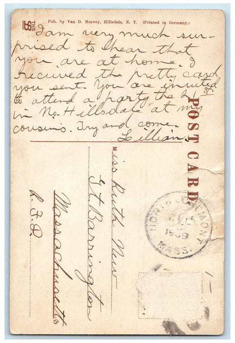 1909 View of Prospect Lake Massachusetts MA Van D Harvey Posted Postcard