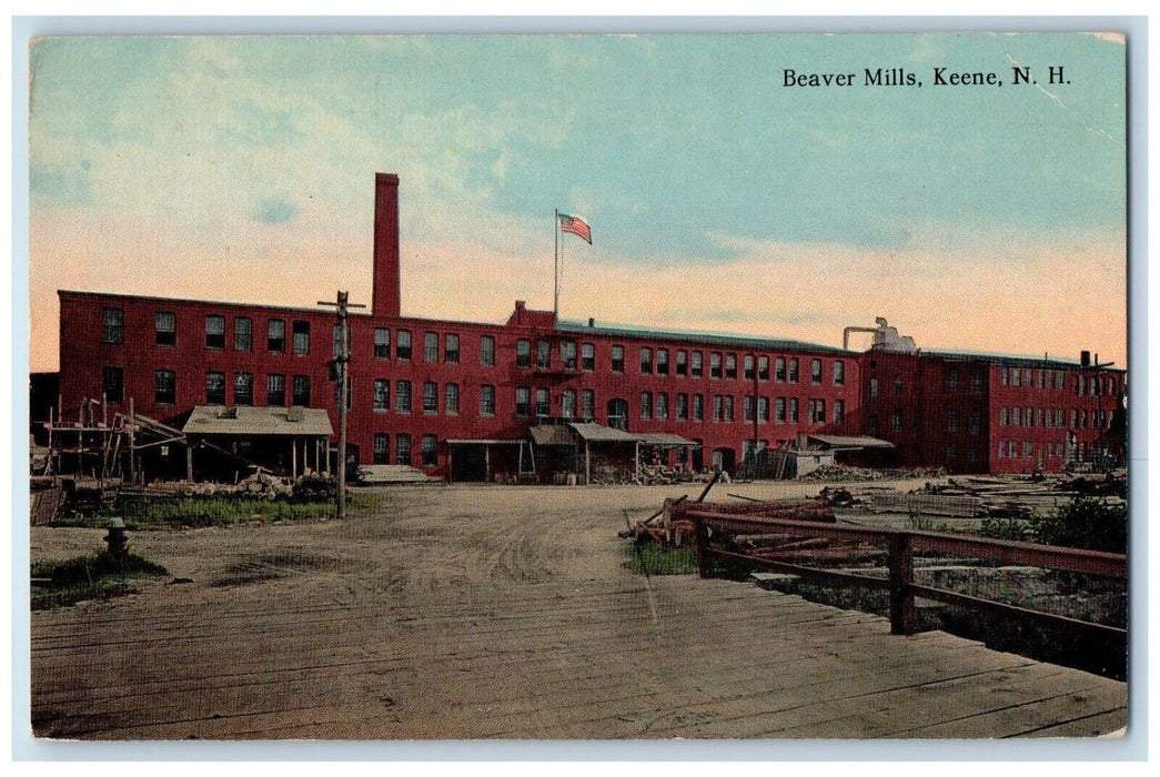c1910 Beaver Mills Keene School US Flag Bridge Building New Hampshire Postcard