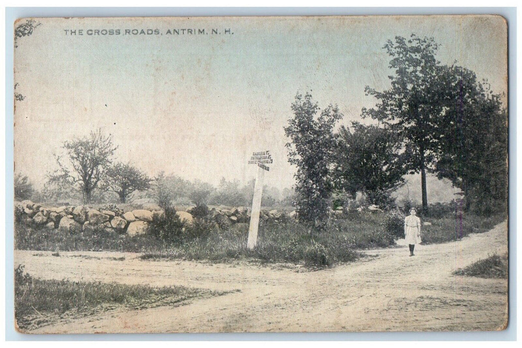c1910 Cross Roads Antrim Street Sign New Hampshire NH Vintage Antique Postcard