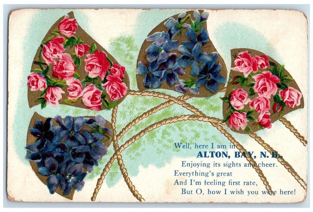 c1910 Flower Rose Bell Glitter Embossed Alton Bay New Hampshire Vintage Postcard