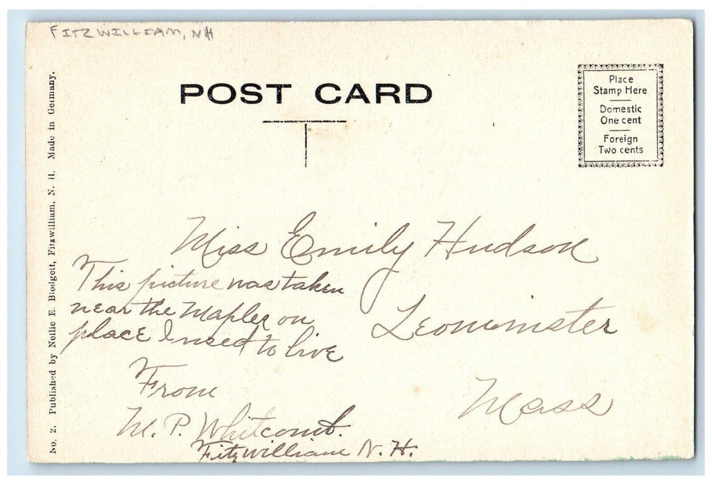 c1910 Typical Country Road Side Forest Grass Fitzwilliam New Hampshire Postcard