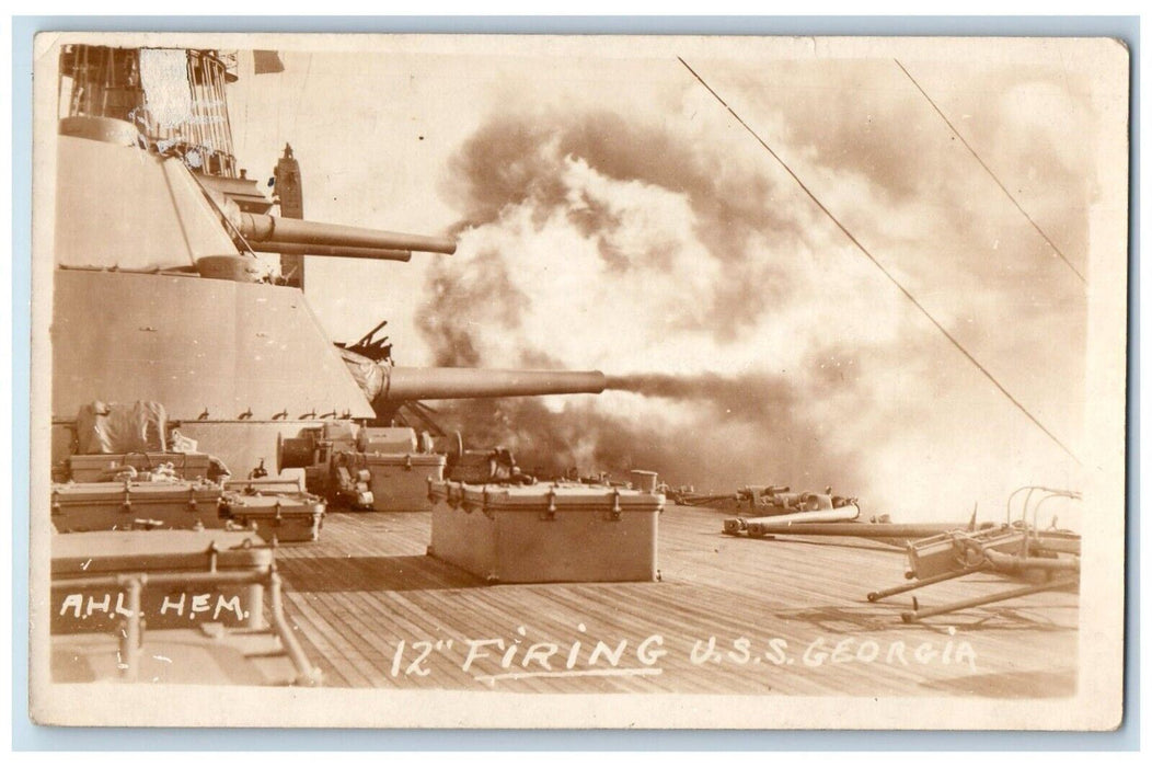 c1910's 12" Firing U.S.S. Georgia GA, US Navy RPPC Photo Antique Postcard