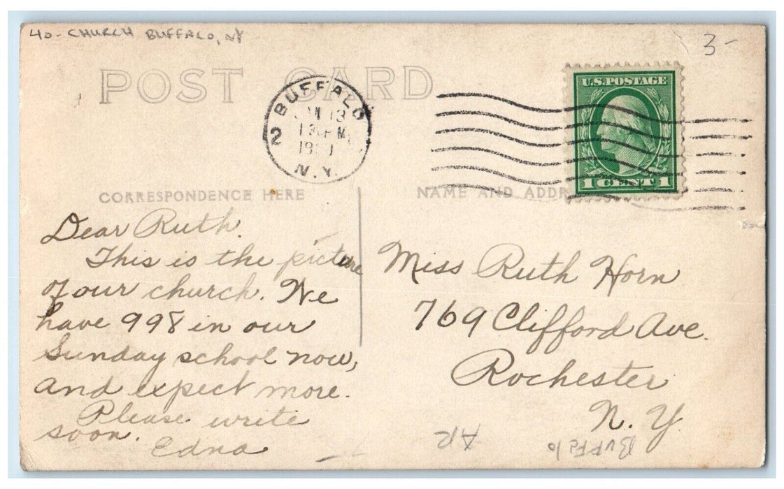 c1910's Church Clock Tower Scene Street Buffalo NY RPPC Photo Antique Postcard