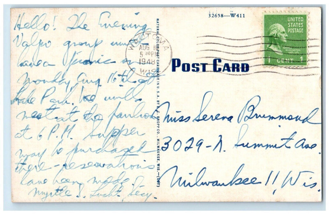 1948 Greetings From Wautoma Wisconsin WI View One Sees Through Trees Postcard