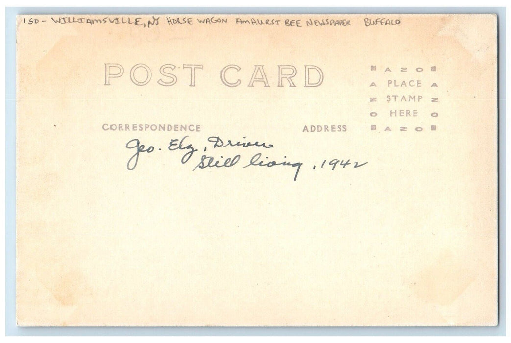 Williamsville NY, Horse Wagon Amhurst Bee Newspaper Buffalo RPPC Photo Postcard