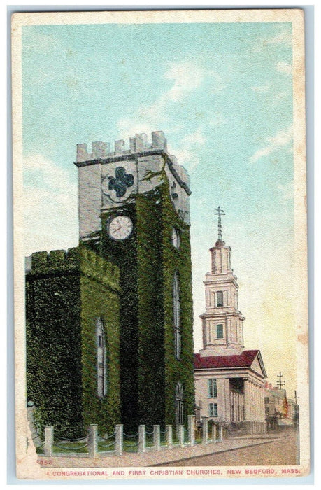 c1920's Congregational and First Christian Churches New Bedford MA Postcard