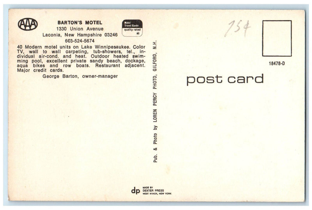 c1960's Barton's Motel Union Avenue Laconia New Hampshire NH Postcard