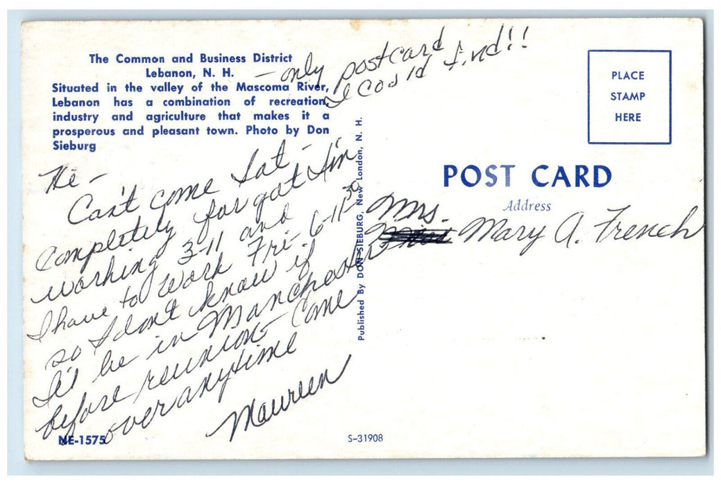 c1950's The Common and Business District Lebanon New Hampshire NH Postcard