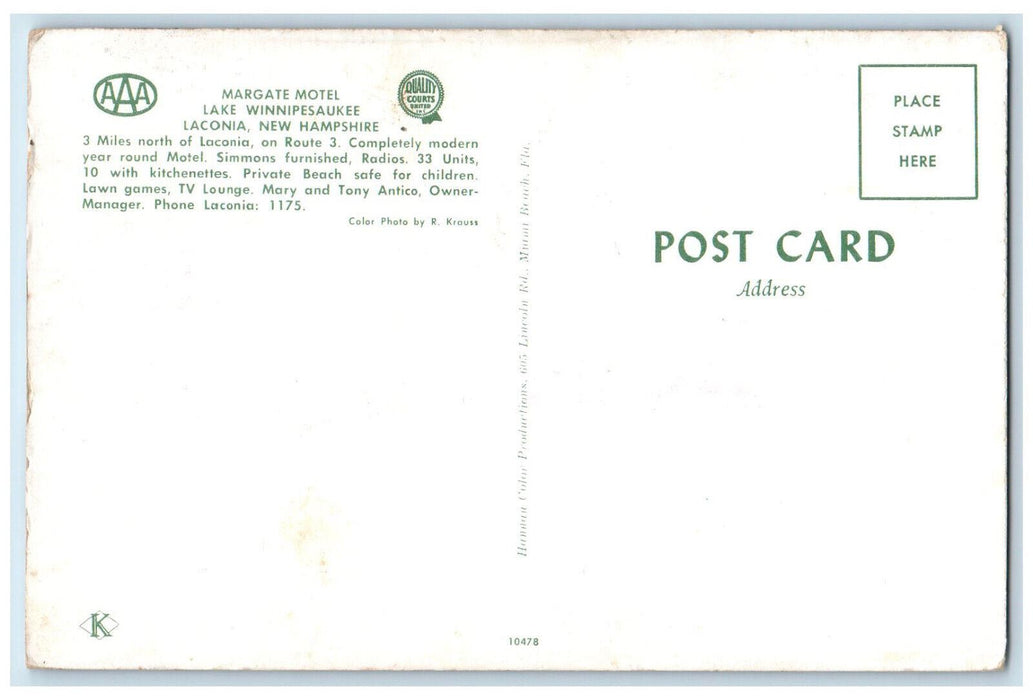 c1950's Margate Motel Lake Winnipesaukee Laconia New Hampshire NH Postcard