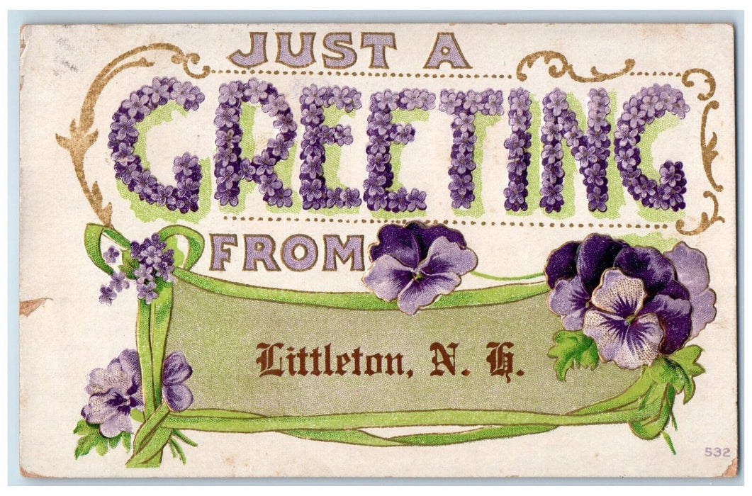 1909 Just A Greeting Littleton NH Violet Flowers Embossed Posted Postcard