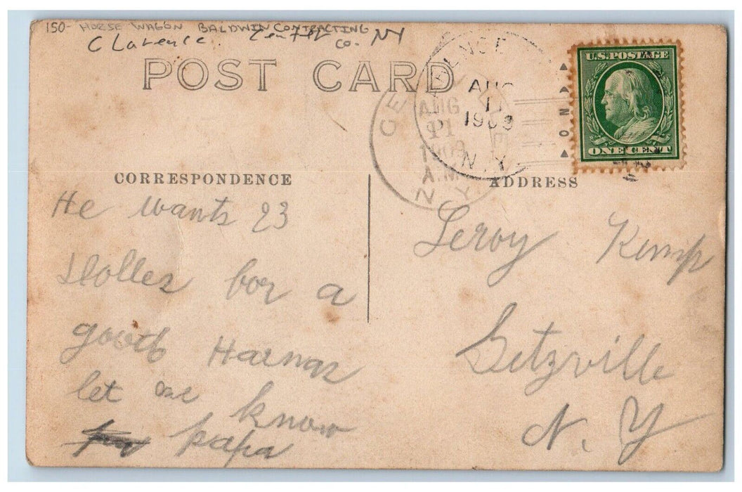 c1910's Horse Wagon Baldwin Contracting Clarence Center NY RPPC Photo Postcard