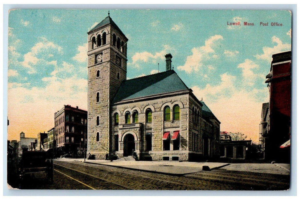 Post Office Building Car Street View Lowell Massachusetts MA Vintage Postcard