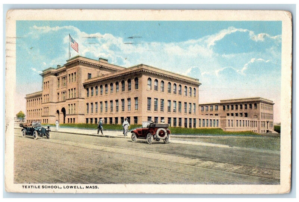 1918 Textile School Building Cars Street View Lowell Massachusetts MA Postcard