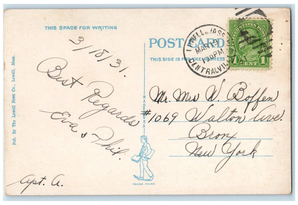 1931 View Of The Sun Building Street Scene Lowell Massachusetts MA Postcard