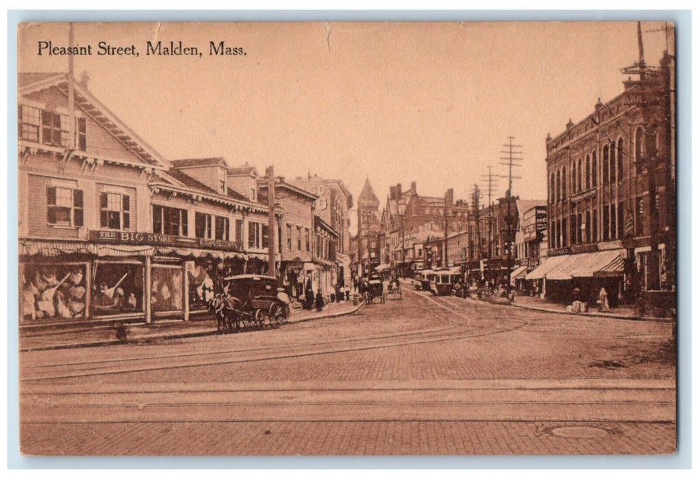 c1910's Pleasant Street View The Big Store Malden Massachusetts MA Postcard