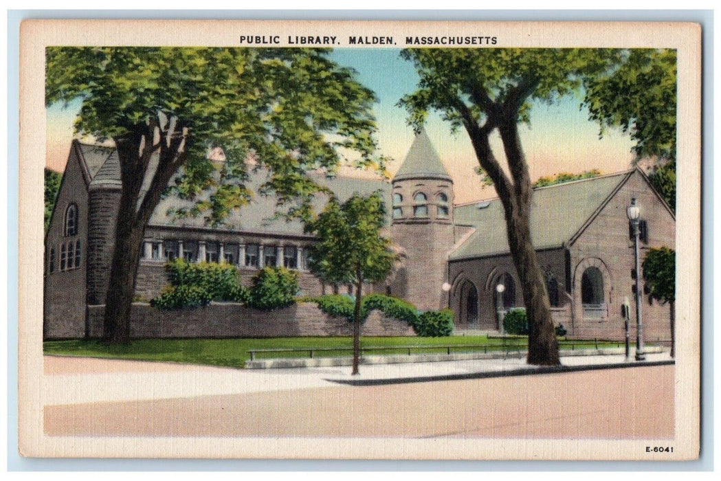 First Public Library Street View Malden Massachusetts MA Vintage Postcard