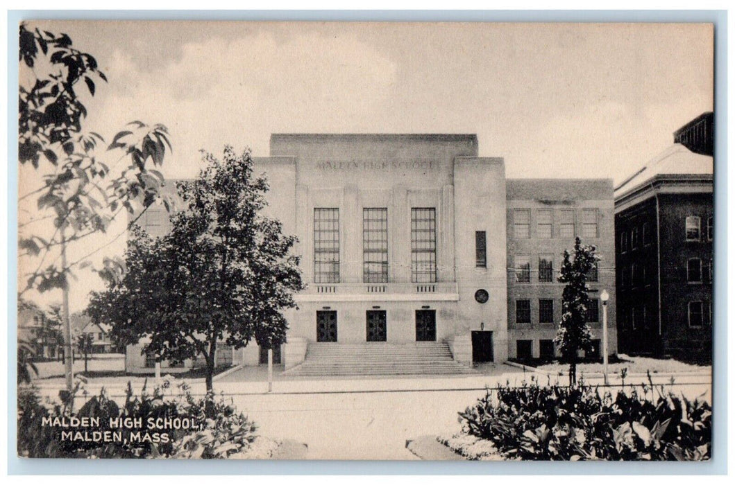 Malden High School Building Scene Street Massachusetts MA Vintage Postcard