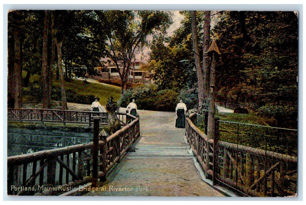 1912 Rustic Bridge Riverton Park Trees Building Exterior Portland Maine Postcard