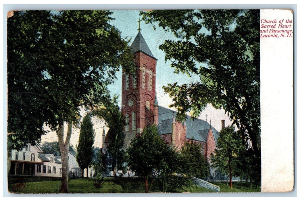 1909 Church Sacred Heart & Parsonage Laconia New Hampshire NH Vintage Postcard