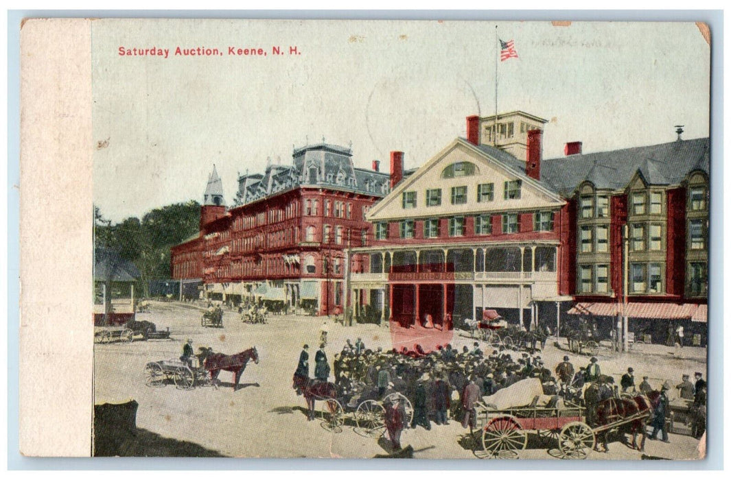 c1910 Horse Carriage Crowd Saturday Auction Keene New Hampshire NH Postcard