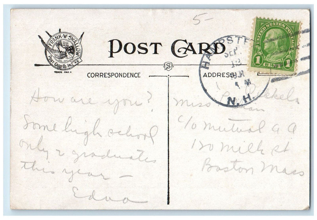 c1920's High School Hampstead New Hampshire NH JR Frost Posted Postcard