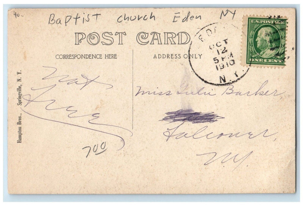 1910 Baptist Church Trees Eden New York NY RPPC Photo Posted Antique Postcard