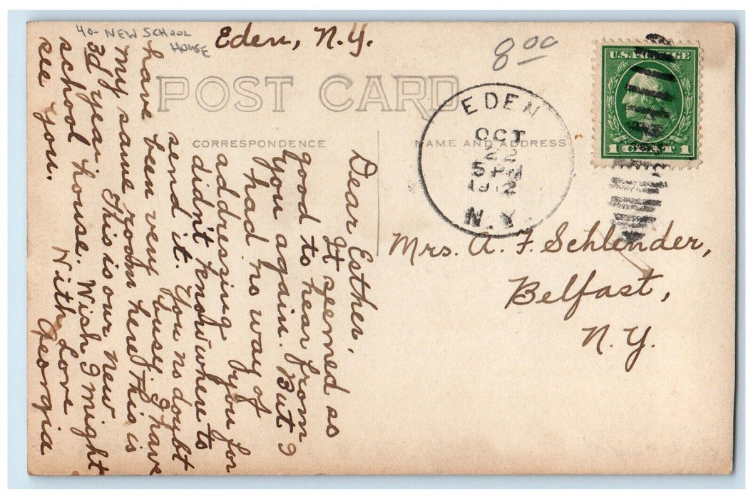 1912 New School House Eden New York NY RPPC Photo Posted Antique Postcard