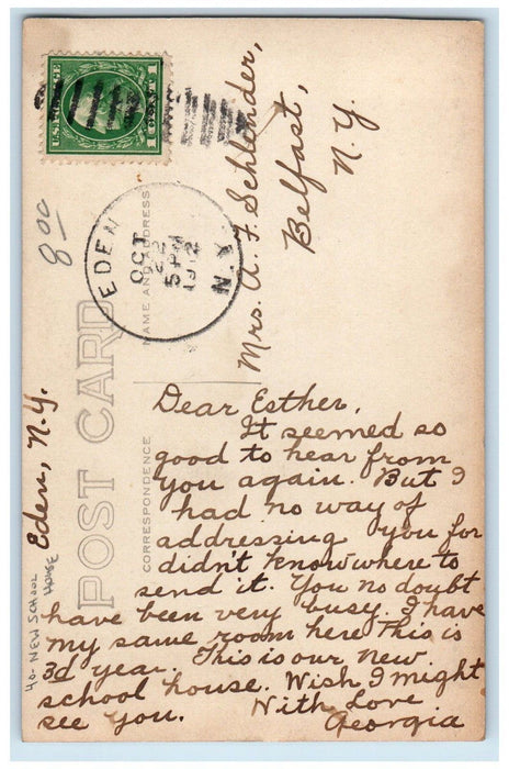 1912 New School House Eden New York NY RPPC Photo Posted Antique Postcard