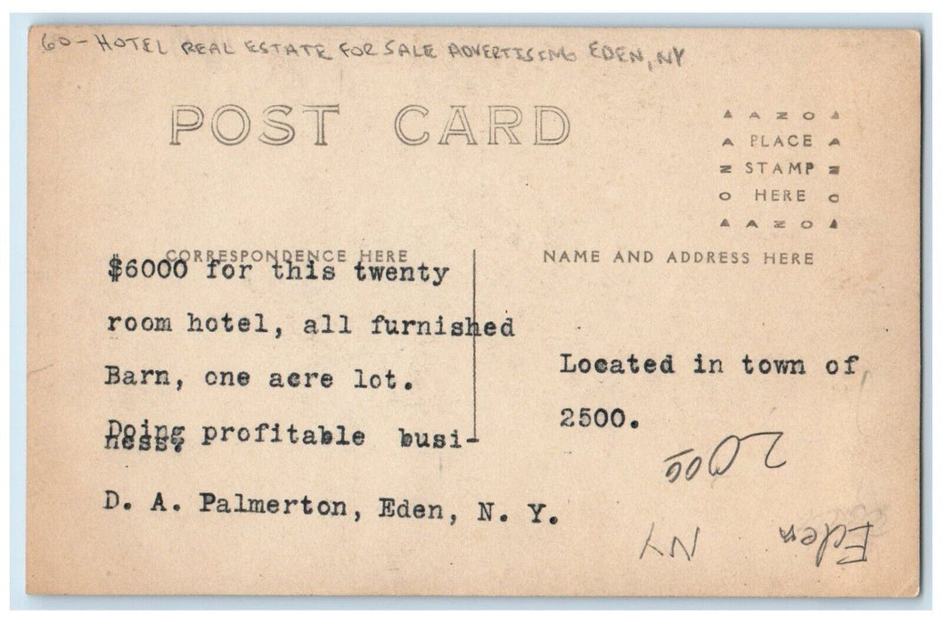 c1910's Hotel Real Estate For Sale Advertising Eden NY RPPC Photo Postcard