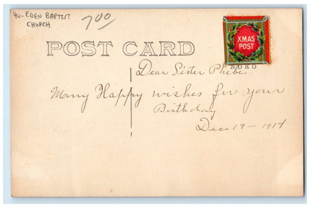1914 Eden Baptist Church Eden New York NY RPPC Photo Posted Antique Postcard