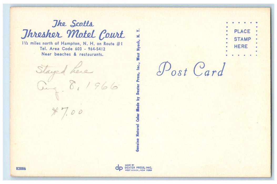 1966 The Scotts Thresher Motel Court Hampton New Hampshire NH Postcard