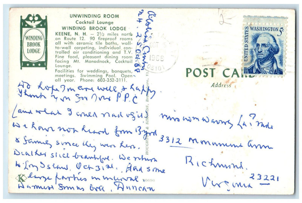 1968 Dining Room Winding Brook Lodge Keene New Hampshire NH Posted Postcard
