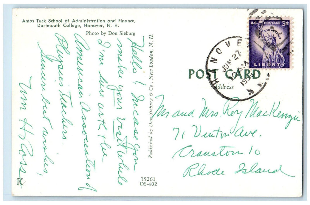 1959 Amos Tuck School of Administration Dartmouth College Hanover NH Postcard
