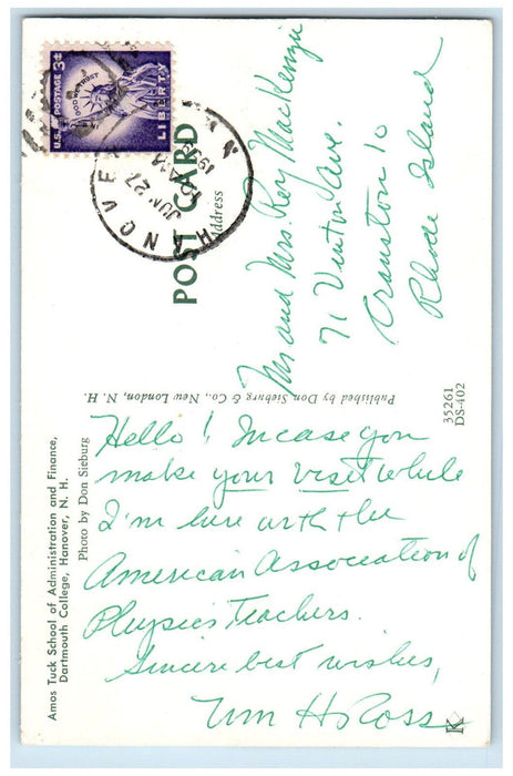 1959 Amos Tuck School of Administration Dartmouth College Hanover NH Postcard
