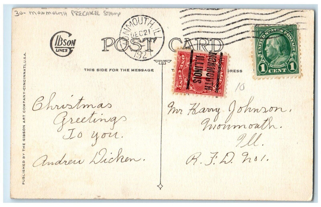 1927 Christmas Church Holly Winter Monmouth Precancel Stamp Illinois IL Postcard