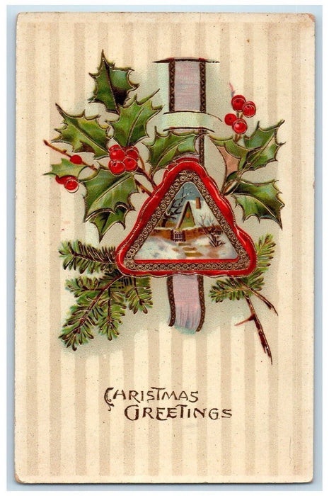 c1910's Christmas Greetings Holly Pine Winter Snow Gel Gold Gilt Posted Postcard