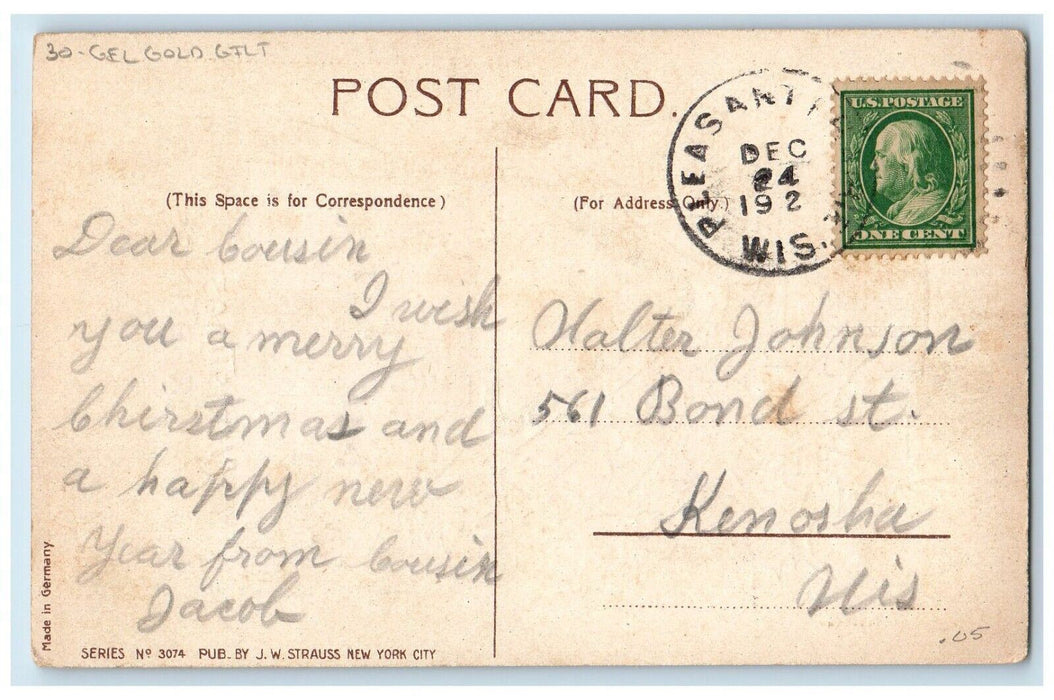 c1910's Christmas Greetings Holly Pine Winter Snow Gel Gold Gilt Posted Postcard
