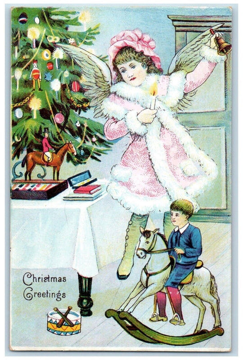 c1910's Christmas Greetings Angel Bell Rocking Horse Christmas Tree Postcard