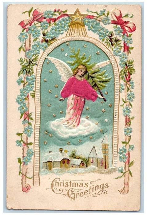 1907 Christmas Greetings Floating Angel Pinne Tree Silk Embossed Posted Postcard