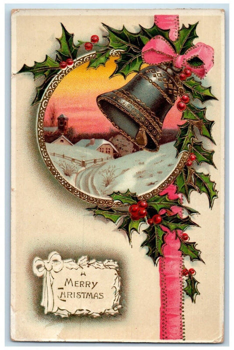 1911 Christmas Holly Bell Ribbon Winter Snow Gel Gold Gilt Posted Postcard