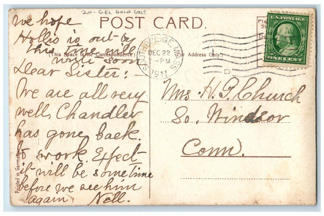 1911 Christmas Holly Bell Ribbon Winter Snow Gel Gold Gilt Posted Postcard