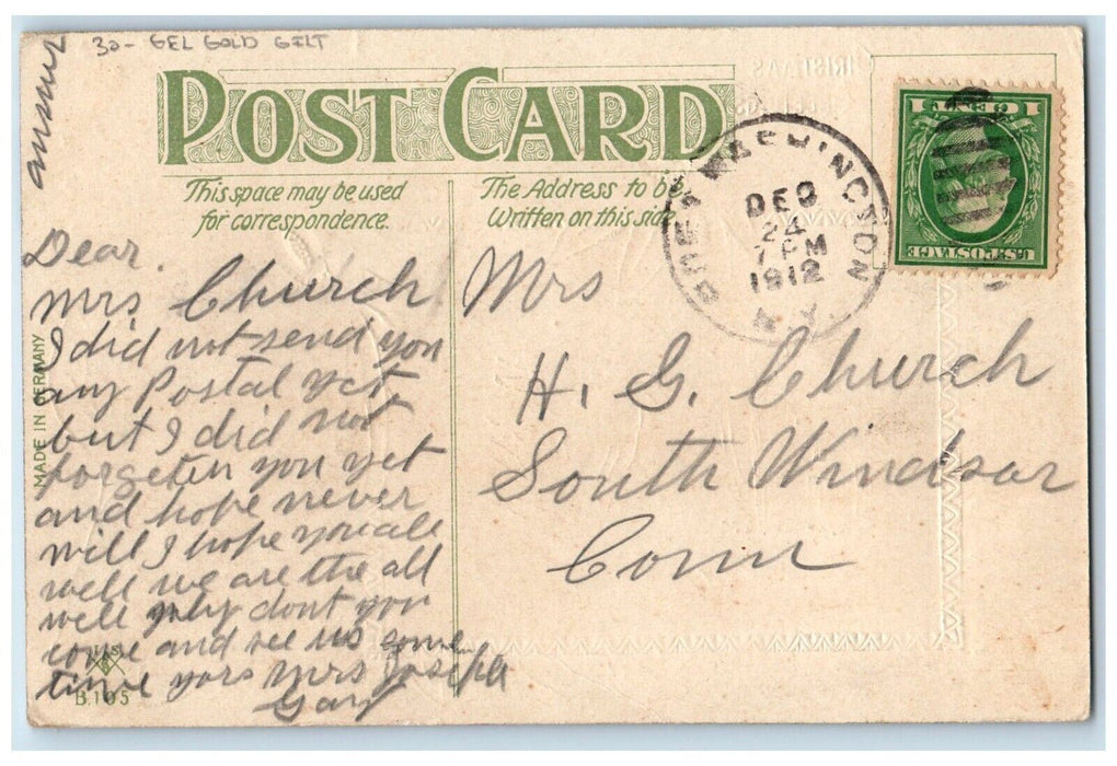 1912 Christmas Greetings Pointessia Flowers Pine Tree Gel Gold Gilt Postcard