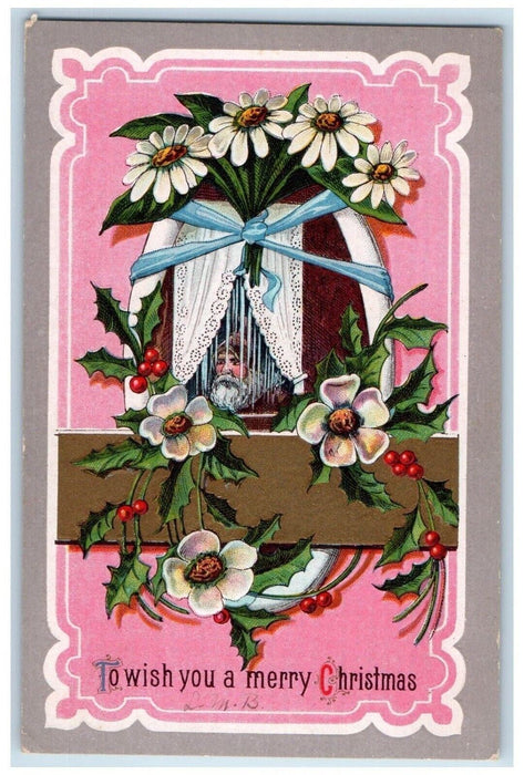 c1910's Christmas Brown Robe Santa Claus Holly Lily Flowers Winsch Back Postcard