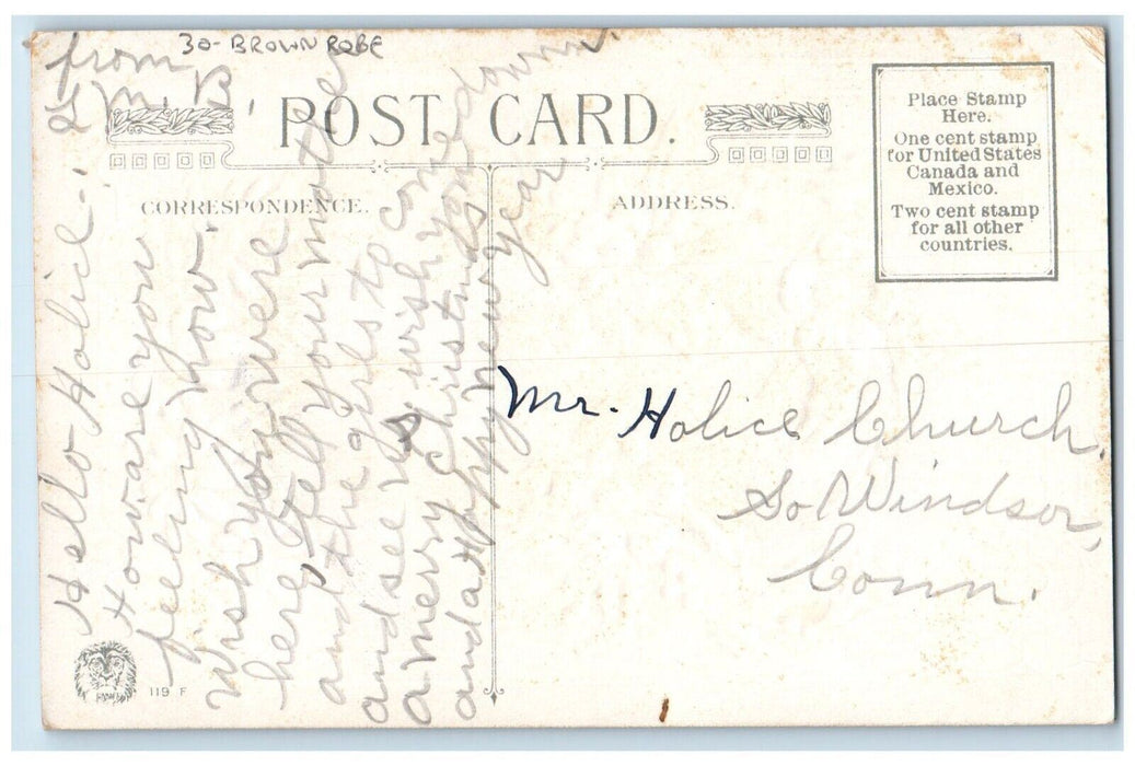c1910's Christmas Brown Robe Santa Claus Holly Lily Flowers Winsch Back Postcard