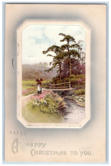 c1910's Christmas Grandma Wood Bridge River Seal Embossed Antique Postcard