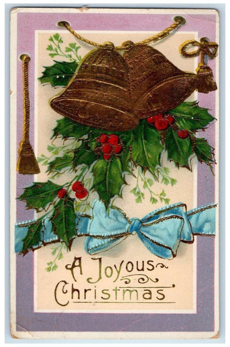 1911 Christmas Holly Bells Ribbon Gel Gold Gilt Embossed Worcester NY Postcard