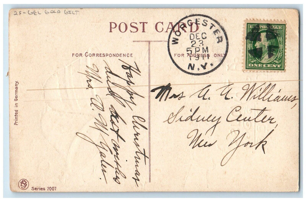 1911 Christmas Holly Bells Ribbon Gel Gold Gilt Embossed Worcester NY Postcard