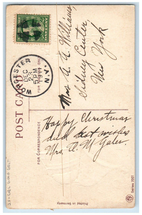1911 Christmas Holly Bells Ribbon Gel Gold Gilt Embossed Worcester NY Postcard