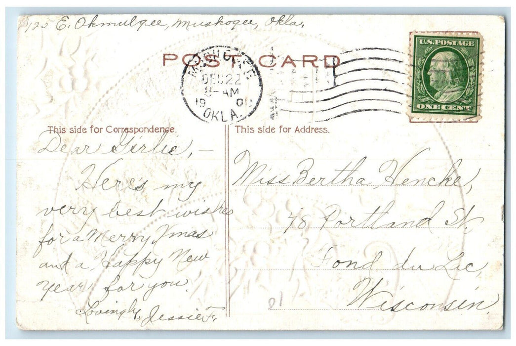 c1910's Christmas Cresent Deer Holly Winter Snow Embossed Muskogee OK Postcard